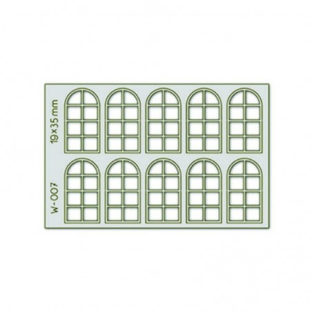 PW-007 - 10 pcs 19X35mm 8 Pane Arched Windows H0/00