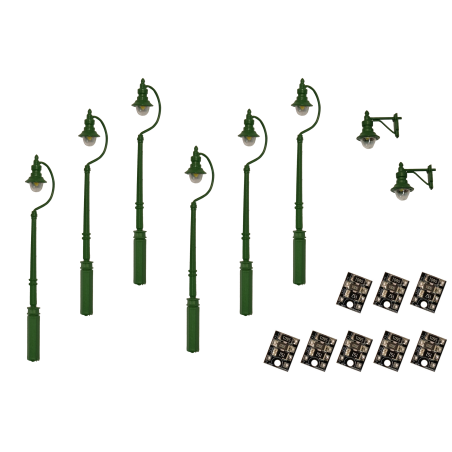 LML-VPSGR - 4mm Scale Swan-Neck Lamps Value Pack – Green (2x Wall Lamps, 6x Street/Platform Lamps)