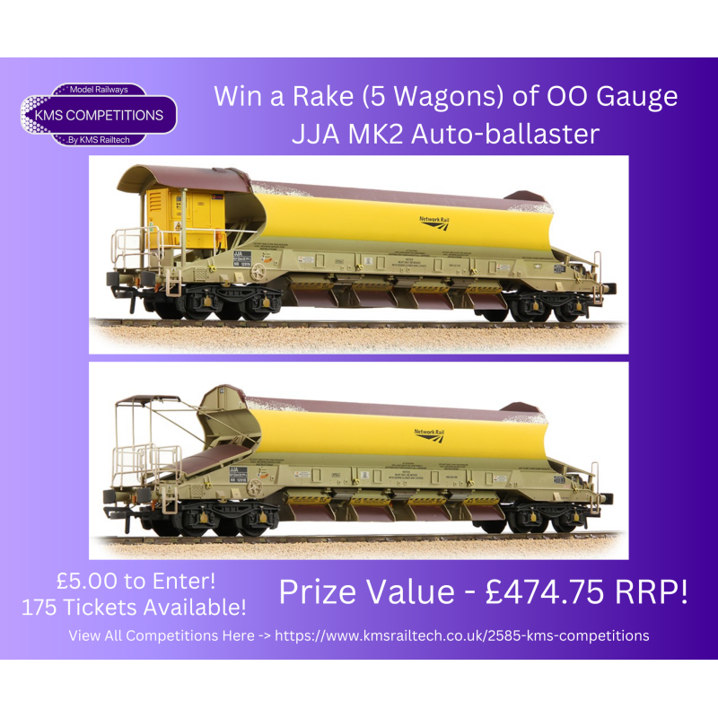 KMS-COMPS-24 - Win a Rake (5 Wagons) of OO Gauge JJA MK2 Auto-Ballaster in Network Rail Yellow Livery